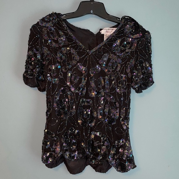 Papell Boutique Vintage Sequined Evening Top Silk Scalloped Hem Petite Medium - Picture 1 of 9